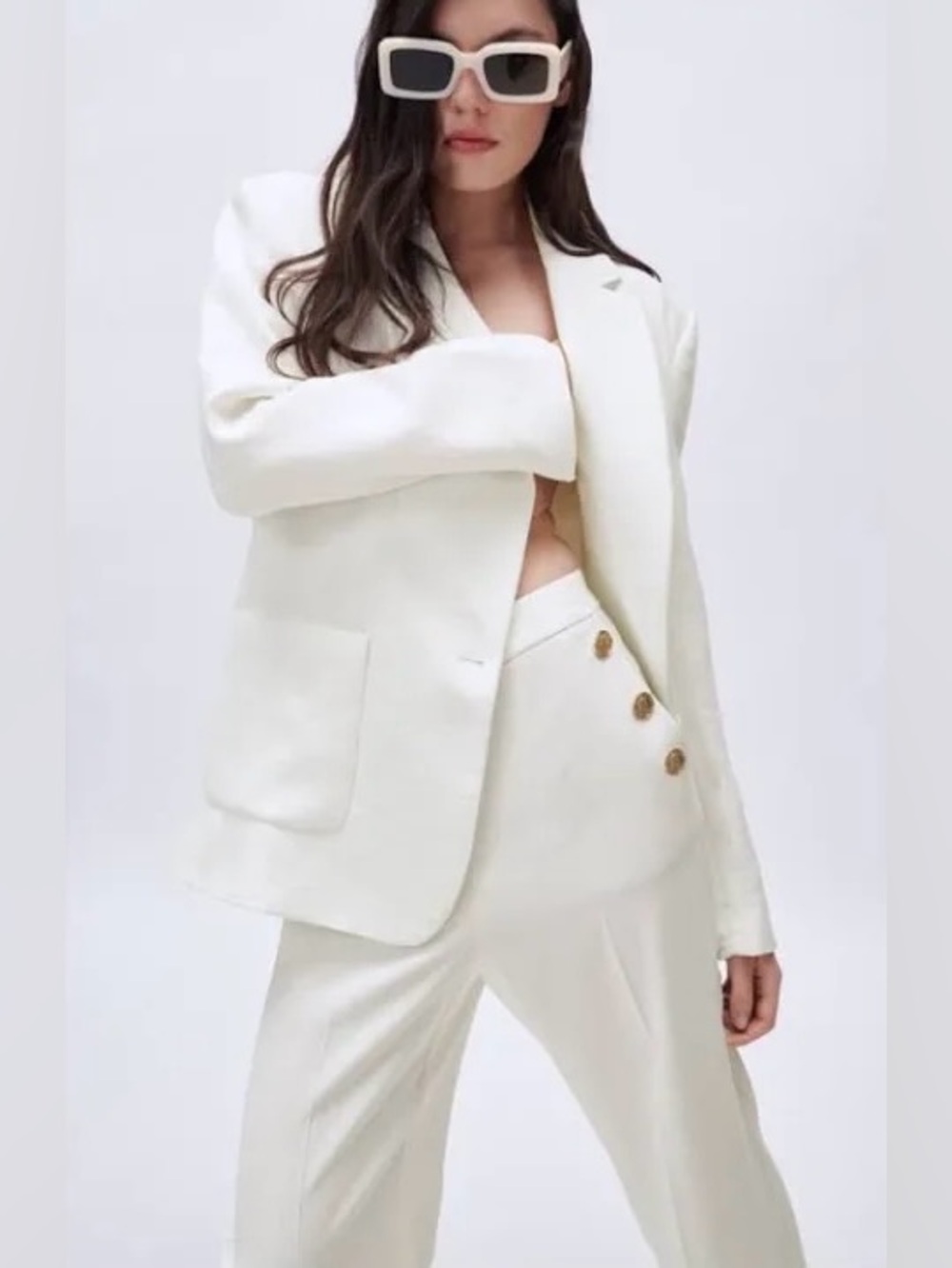 Zara | Women’s Ivory High-Waist Pull On Tapered Leg Pants Gold Side Buttons XS